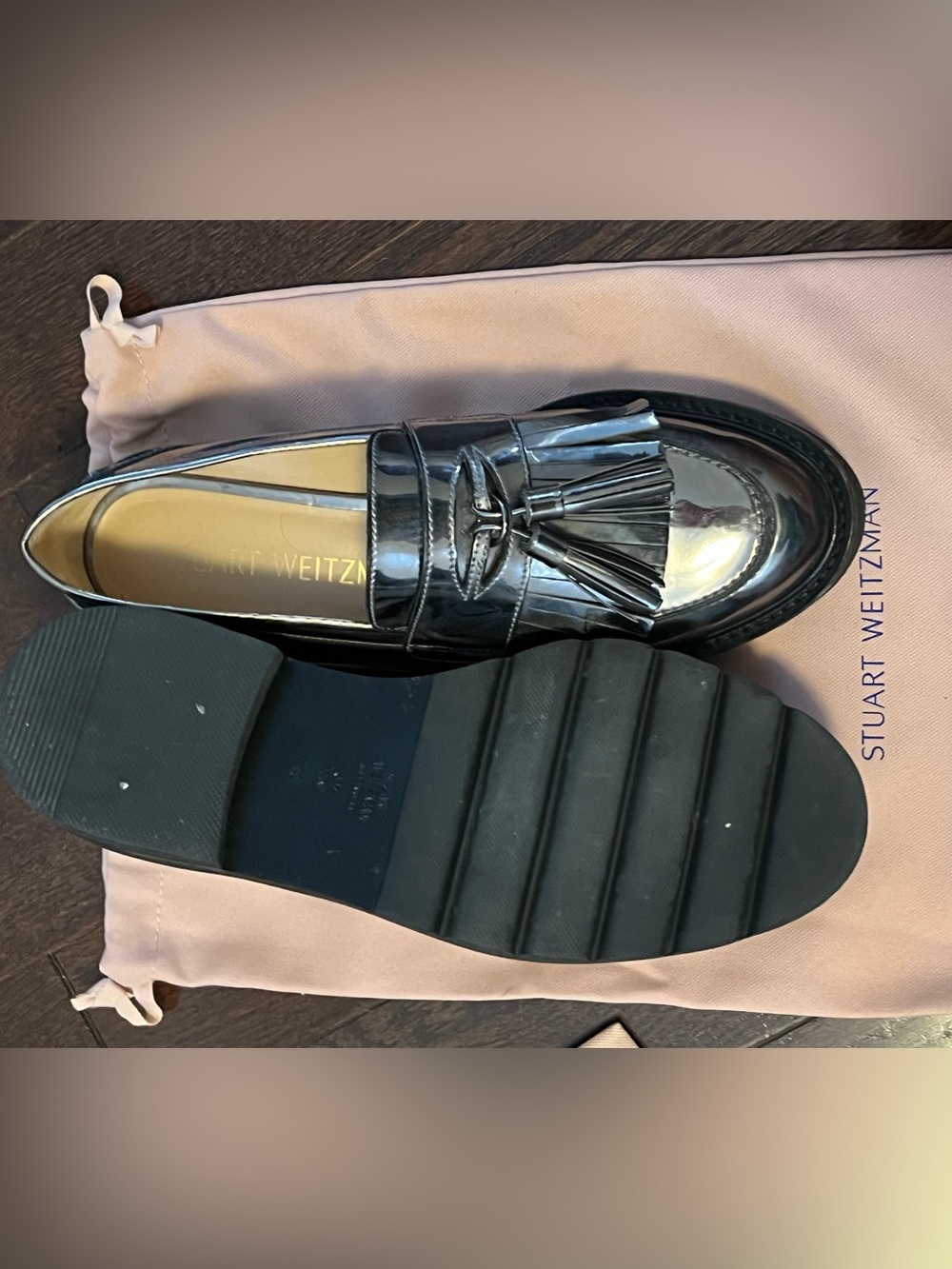 Stuart Weitzman Men’s Black Patent Tassel Penny Loafers